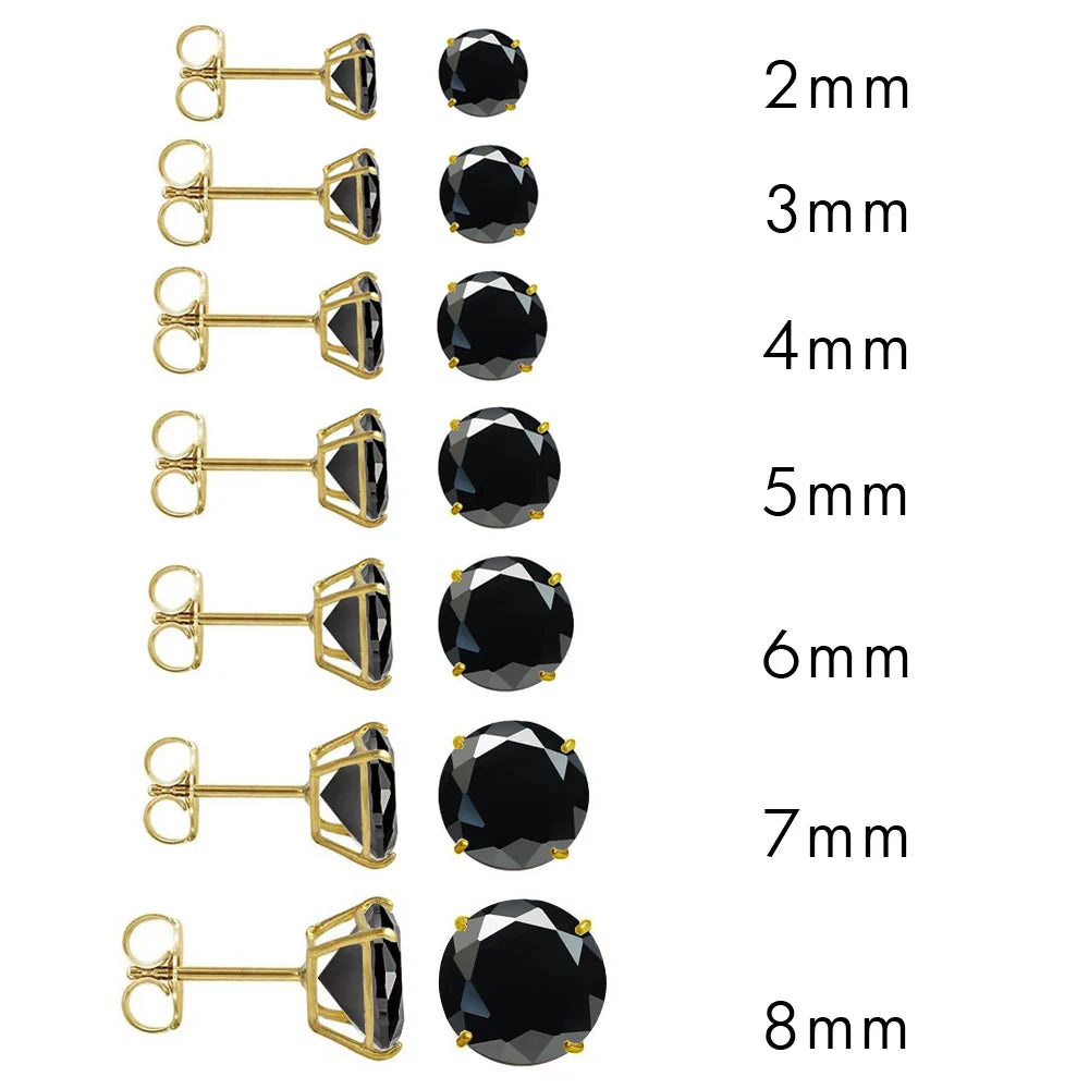 14K Yellow Gold 3MM Round Black Cubic Zirconia Earring. Set on High Quality Prong Setting and Friction Style