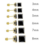 14K Yellow Gold Stud Princess Cut Black Cubic Zirconia Screw Back Earring. Set on High Quality Prong Setting and Friction Style Post