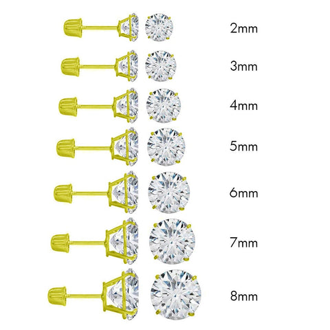(Pack of 12)14K Yellow Gold Round Cubic Zirconia Stud Earring Set on High Quality Prong SettingAnd Screw Back Post