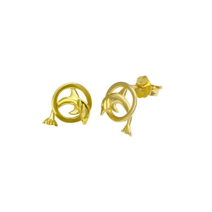 OroTrue 14K Yellow Gold Dolphin Jumping in Hoop Push Back Stud Earring