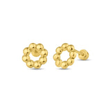 14K Yellow Gold Beaded Open Circle Screw Back Stud Earrings