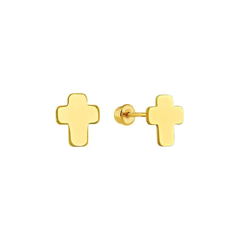 14k Yellow Gold Plain Cross Screw Back Stud Earrings