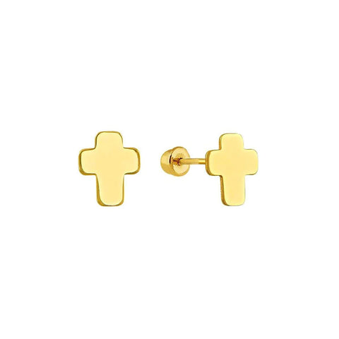 14k Yellow Gold Plain Cross Screw Back Stud Earrings