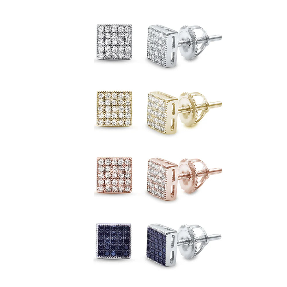 Sterling Silver Square Black Onyx Micro Pave Earrings And Thickness 6mm