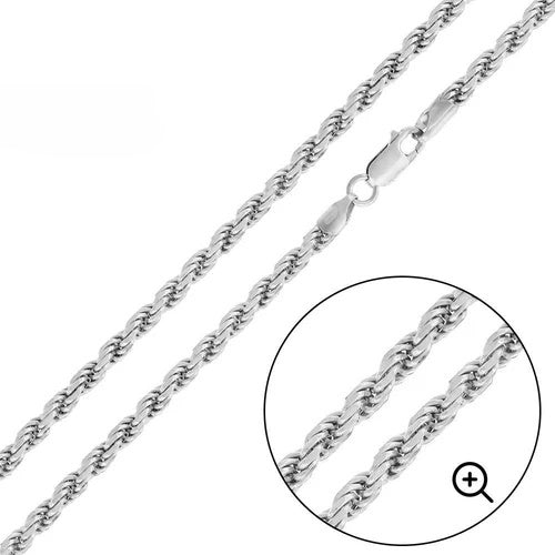 Italian Solid Sterling Silver Rope Chain 100 - 5MM Nickel Free Necklace with Lobster Claw Clasp Closure