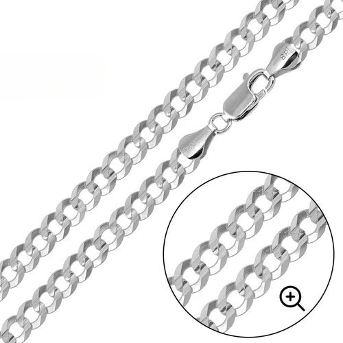 Italian Sterling Silver Flat Curb Link Chain 250- 10.8 mm with Lobster Claw Clasp Closure
