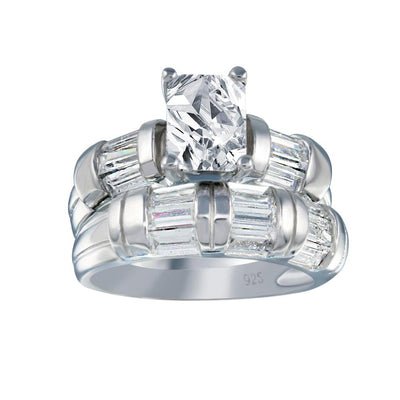 Sterling Silver Rhodium Plated Clear Rectangular Center Baguette CZ Engagement Ring Set