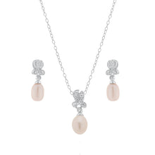 Load image into Gallery viewer, Sterling Silver Rhodium Plated Fresh Water Pearl Flower Clear CZ Hanging Set With CZ  Stones