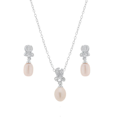 Sterling Silver Rhodium Plated Fresh Water Pearl Flower Clear CZ Hanging Set With CZ  Stones