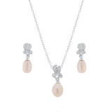 Sterling Silver Rhodium Plated Fresh Water Pearl Flower Clear CZ Hanging Set With CZ  Stones