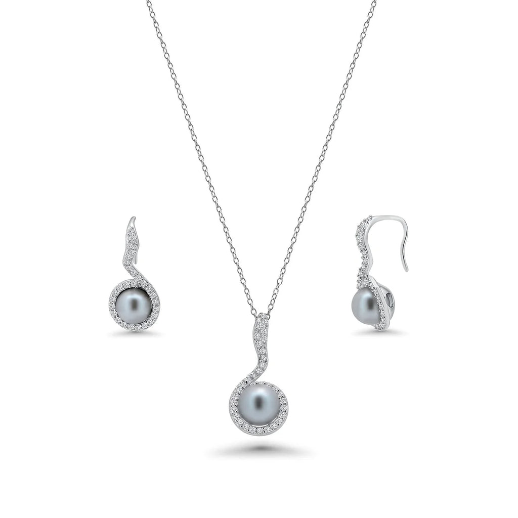 Sterling Silver Rhodium Plated Gray Pearl Clear CZ Hanging Stud Earring and Necklace Set With CZ  Stones