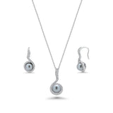Sterling Silver Rhodium Plated Gray Pearl Clear CZ Hanging Stud Earring and Necklace Set With CZ  Stones