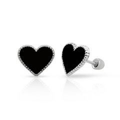Tresoli Sterling Silver Rhodium Plated Enamel Black Heart Screw Back Earring