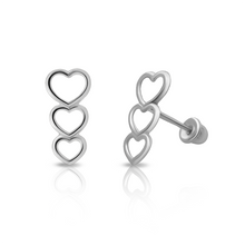 Load image into Gallery viewer, SilaDore Sterling Silver Rhodium Plated Three Heart Stack Screw Back Earring
