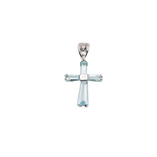 Load image into Gallery viewer, Sterling Silver Rhodium Plated March Birthstone Aquamarine CZ Cross Charm