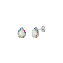 Load image into Gallery viewer, Sterling Silver Rhodium Plated White Lab Opal and Multi-colored CZ Pear Earrings