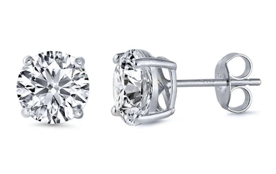 Sterling Silver 4mm Round Cubic Zirconia Stud Earring. Set on High Quality Prong Setting with Rhodium Finish & Friction Style Post