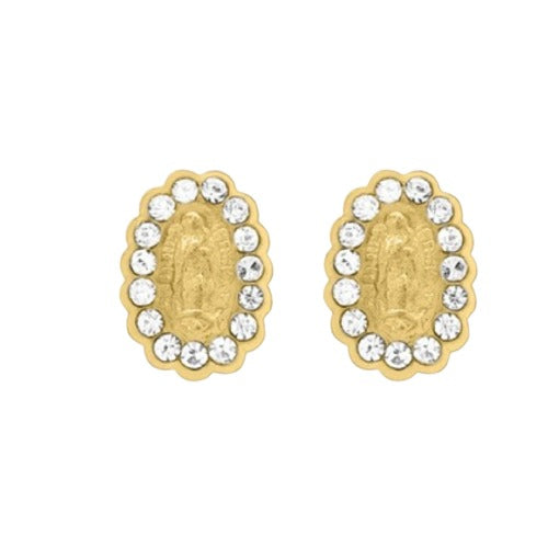 OroTrue 14K Yellow Gold Mini Oval CZ Virgin Mary Screw Back Stud Earring