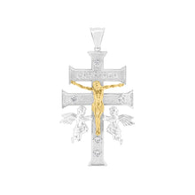 Load image into Gallery viewer, Sterling Silver Two Toned Plated Caravaca Cross Clear CZ Pendant
