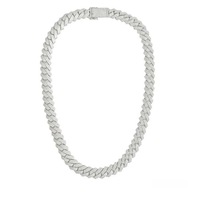 Sterling Silver CZ Encrusted Square Miami Cuban Link Chain or Bracelet 13mm