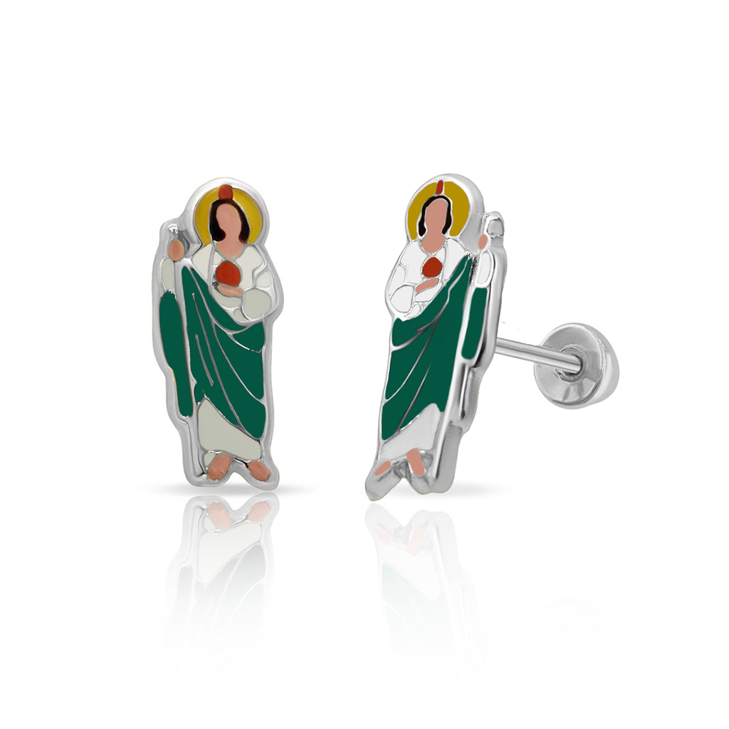Tresoli Sterling Silver Rhodium Plated Enamel Saint Jude Screw Back Earring