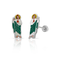 Tresoli Sterling Silver Rhodium Plated Enamel Saint Jude Screw Back Earring