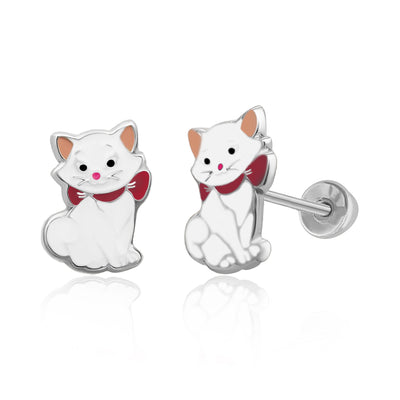 Tresoli Sterling Silver Rhodium Plated Cat Enamel Screw Back Earring