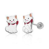 Tresoli Sterling Silver Rhodium Plated Cat Enamel Screw Back Earring