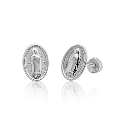 Tresoli Sterling Silver Rhodium Plated Oval Virgin Mary Screw Back Earring