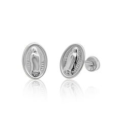 Tresoli Sterling Silver Rhodium Plated Oval Virgin Mary Screw Back Earring