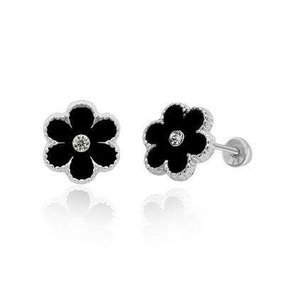 Tresoli Sterling Silver Rhodium Plated Black Flower Screw Back Earring