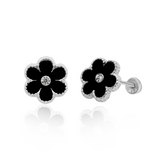 Tresoli Sterling Silver Rhodium Plated Black Flower Screw Back Earring