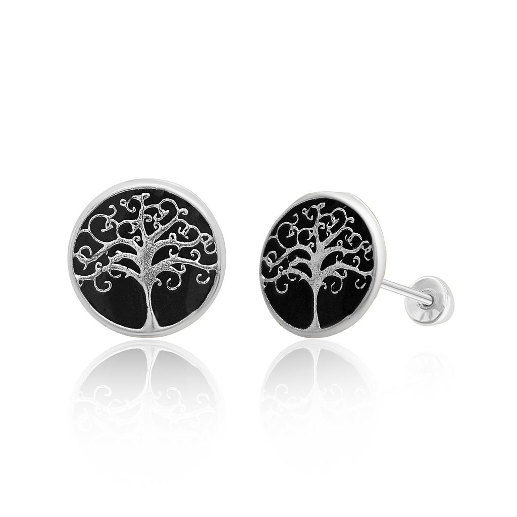 Tresoli Sterling Silver Rhodium Plated Tree Of Life With Black Background Screw Back Earring