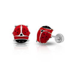 Tresoli Sterling Silver Rhodium Plated Large Enamel Lady Bug Screw Back Earring
