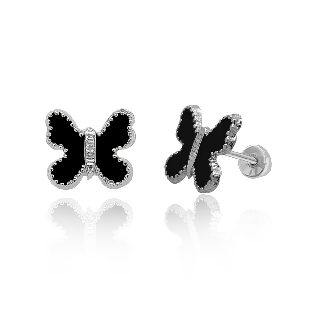 Tresoli Sterling Silver Rhodium Plated Enamel Black Butterfly Screw Back Earring