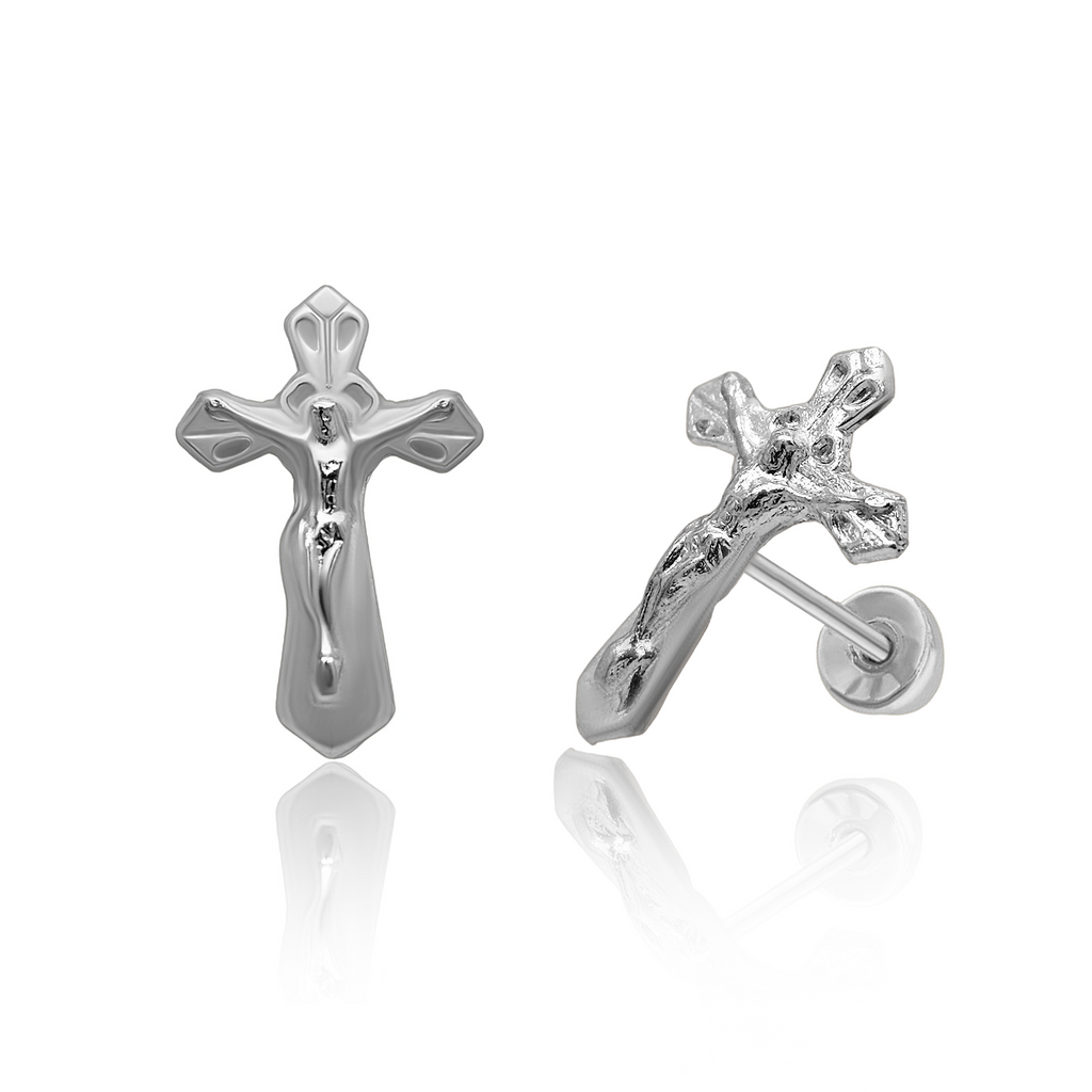 Tresoli Sterling Silver Rhodium Plated Crucifix Screw Back Earring