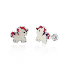 Load image into Gallery viewer, Tresoli Sterling Silver Rhodium Plated Enamel Small Unicorn Screw Back Earring
