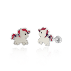 Tresoli Sterling Silver Rhodium Plated Enamel Small Unicorn Screw Back Earring