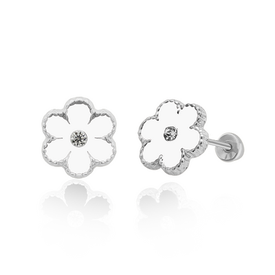 Tresoli Sterling Silver Rhodium Plated White Flower Screw Back Earring