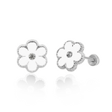 Tresoli Sterling Silver Rhodium Plated White Flower Screw Back Earring