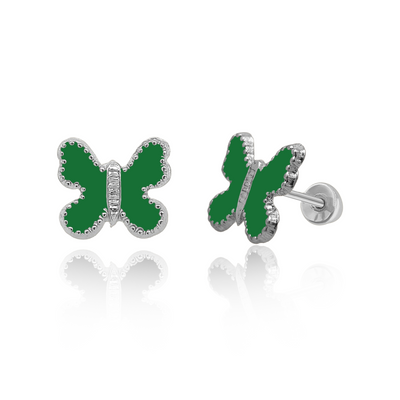 Tresoli Sterling Silver Rhodium Plated Enamel Green Butterfly Screw Back Earring