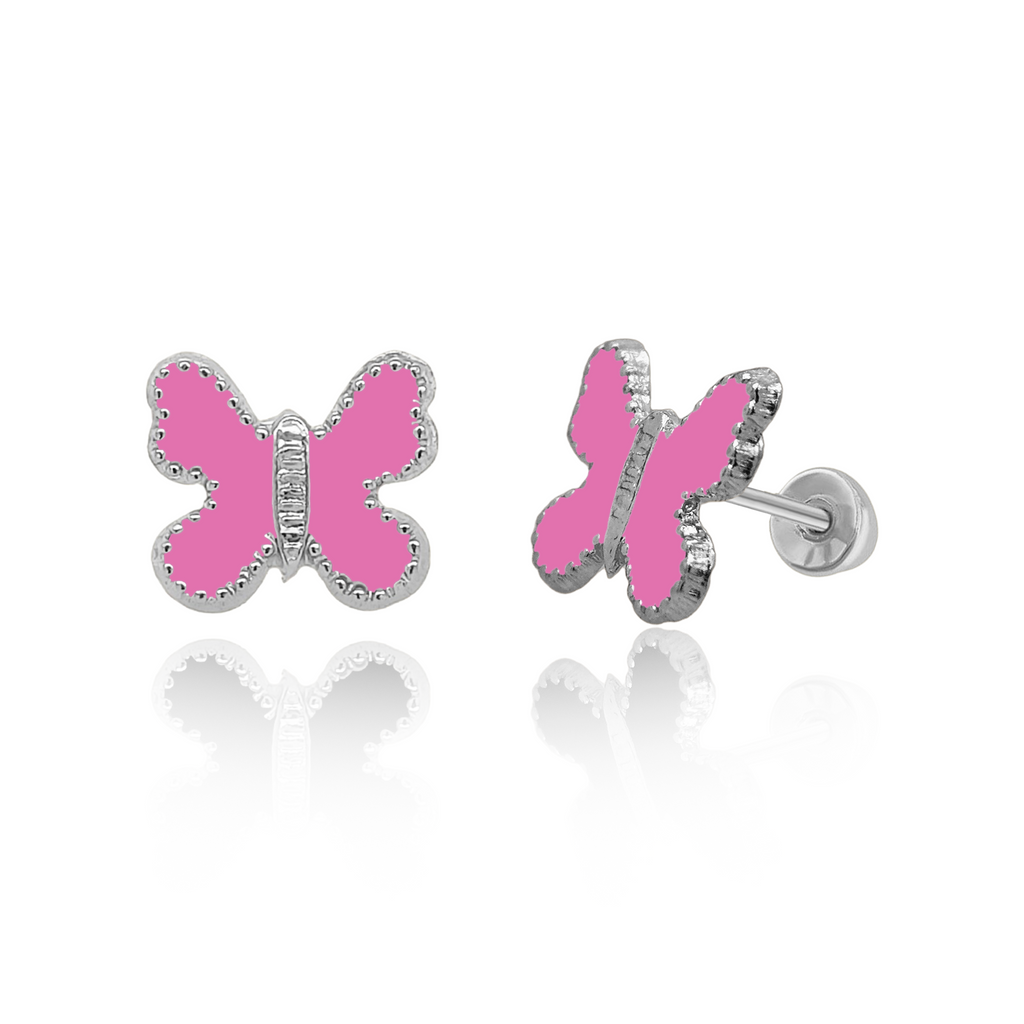 Tresoli Sterling Silver Rhodium Plated Enamel Pink Butterfly Screw Back Earring