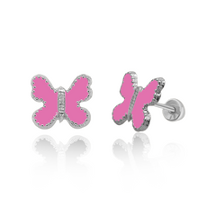 Tresoli Sterling Silver Rhodium Plated Enamel Pink Butterfly Screw Back Earring