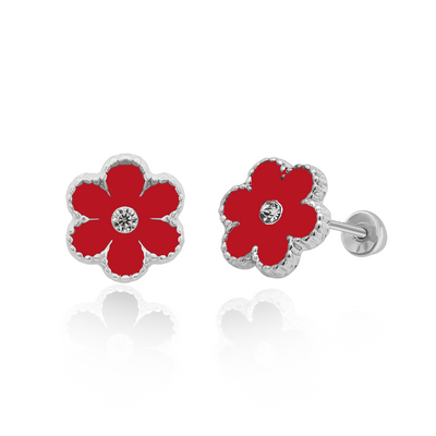 Tresoli Sterling Silver Rhodium Plated Red Flower Screw Back Earring
