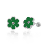 Tresoli Sterling Silver Rhodium Plated Green Flower Screw Back Earring