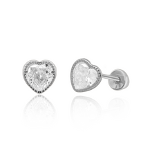 Load image into Gallery viewer, Tresoli Sterling Silver Rhodium Plated Heart Diamond Cut Bezel Screw Back Earring