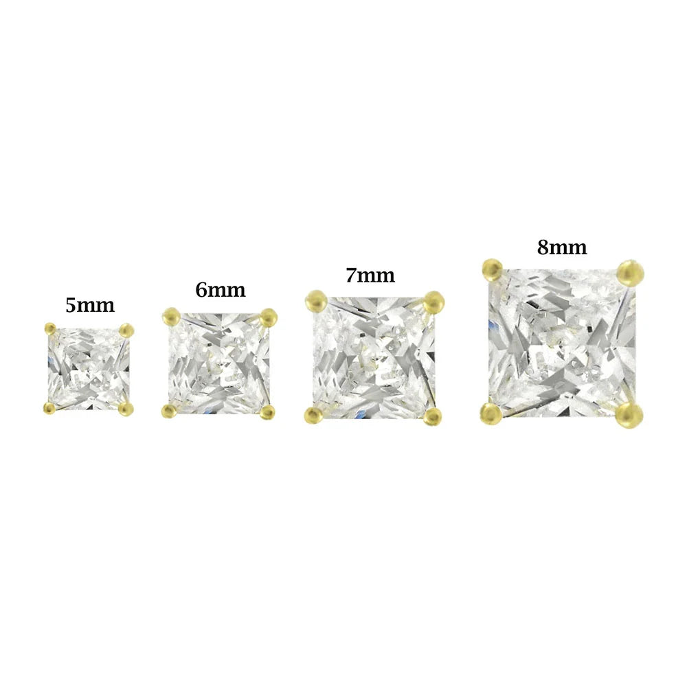 Sterling Silver Yellow Gold Plated Solid Square Cubic Zirconia Studs Casting