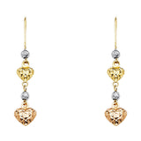 14K Tri Color Gold Heart Hanging Earrings