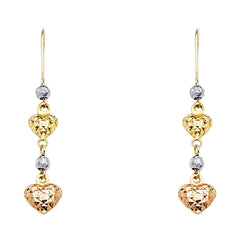 14K Tri Color Gold Heart Hanging Earrings