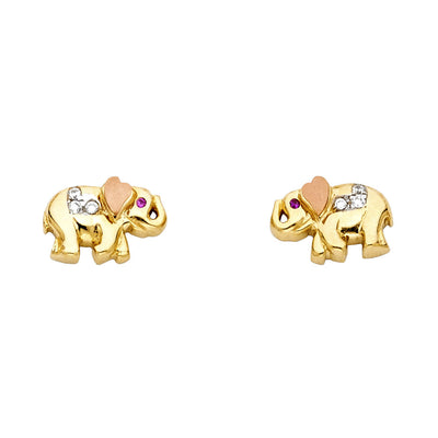 14K Tri Color Gold Elephant Post Earrings